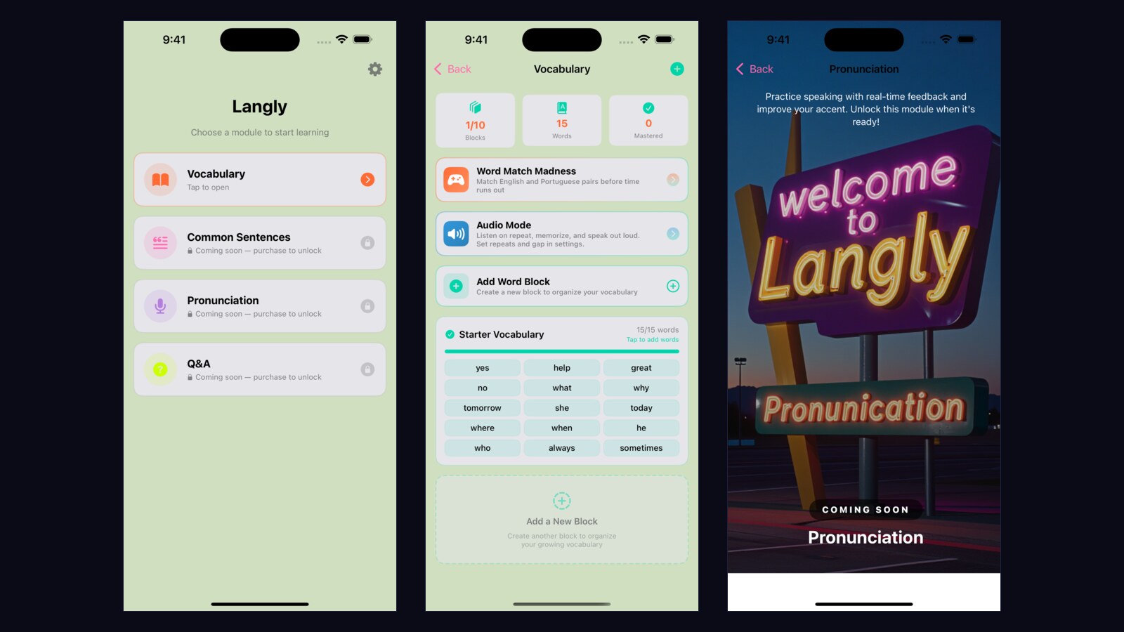 Langly — a language-learning iOS app shipped to the App Store, showing the main menu, vocabulary and pronunciation screens