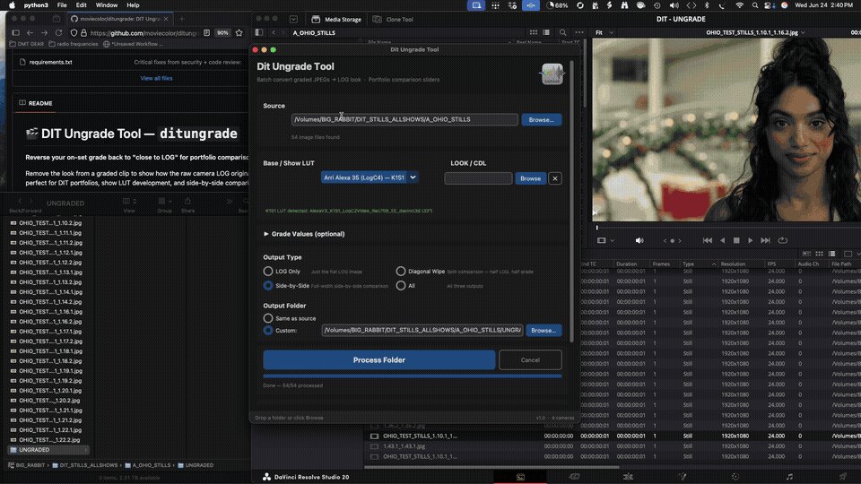 The DIT Ungrade Tool reversing an on-set grade back to camera LOG