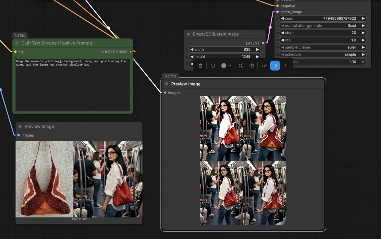 ComfyUI graph — product render (handbag)